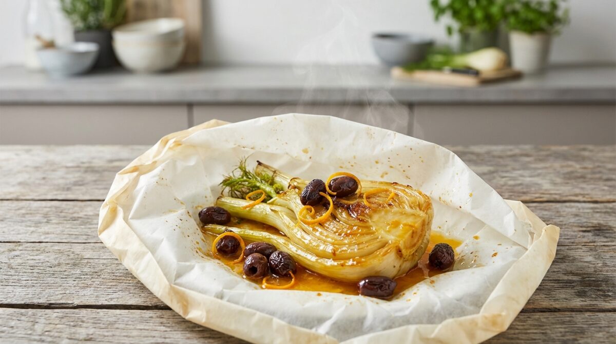 scopri la ricetta dei finocchi al cartoccio con arancia e olive taggiasche, un piatto profumato e succoso perfetto per un contorno gustoso e originale.