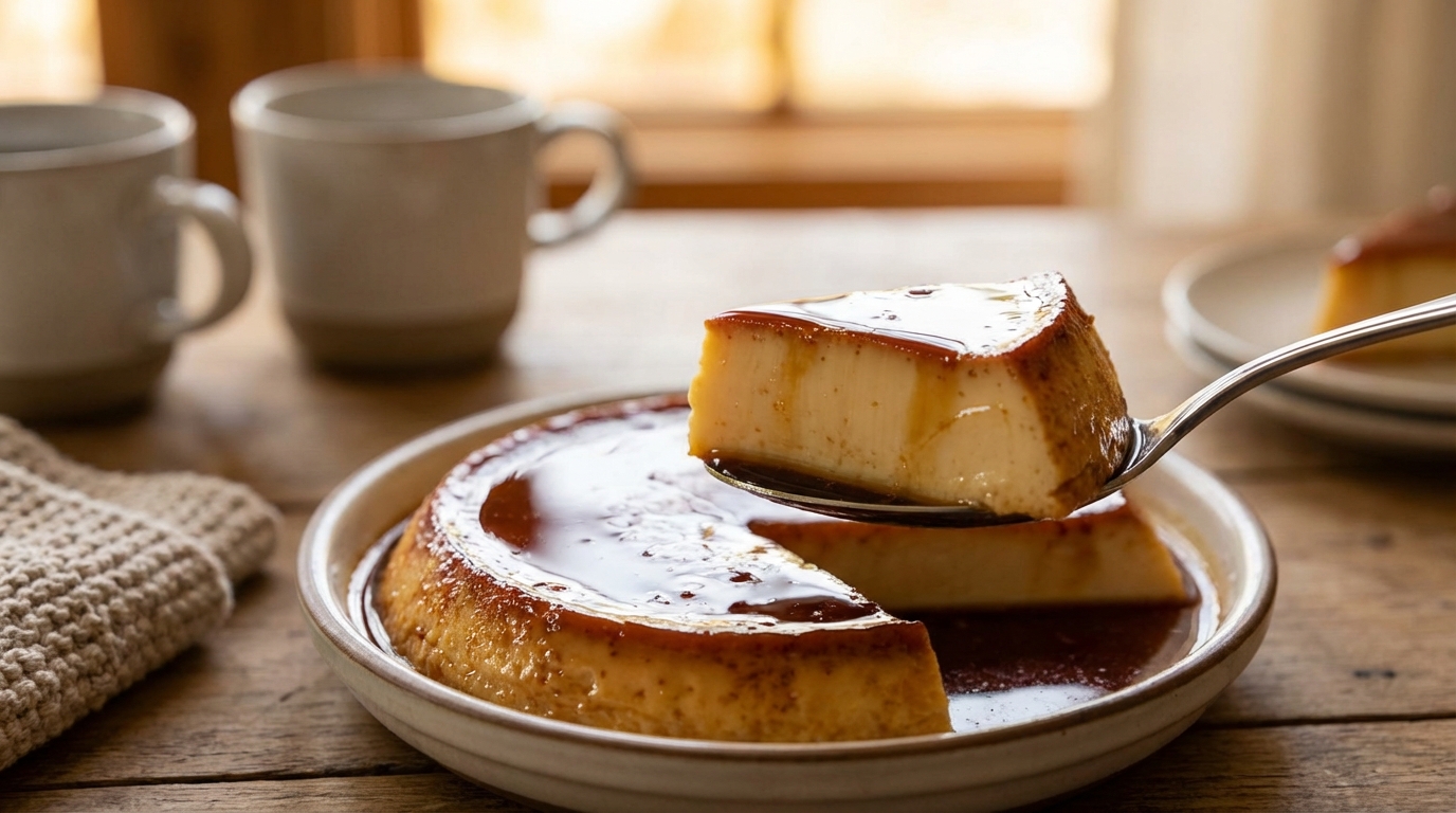 scopri il flan vanigliato della nonna, semplice e fondente, perfetto per riscaldarti e confortarti in pieno inverno sin dal primo assaggio.