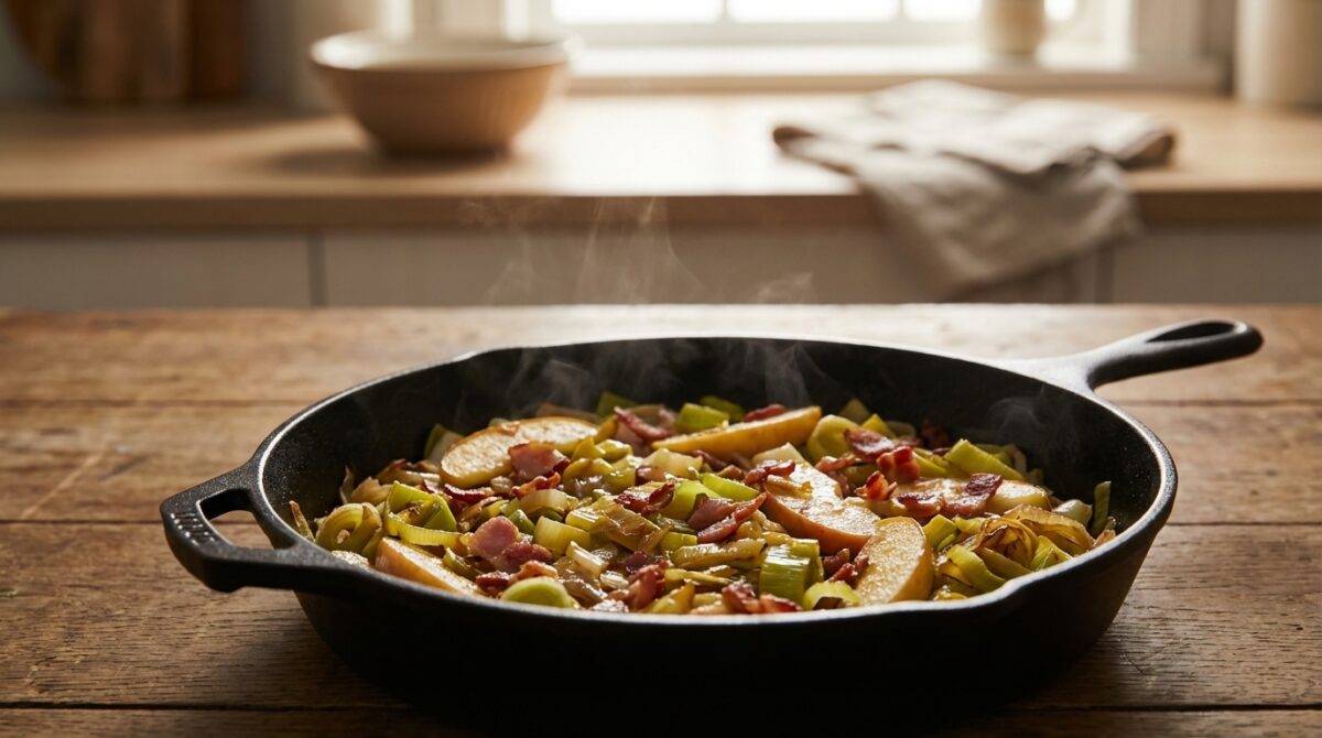 scopri la mia padellata ultrarapida e semplicissima con porri, mele e pancetta, pronta in soli 10 minuti per tutta la famiglia.