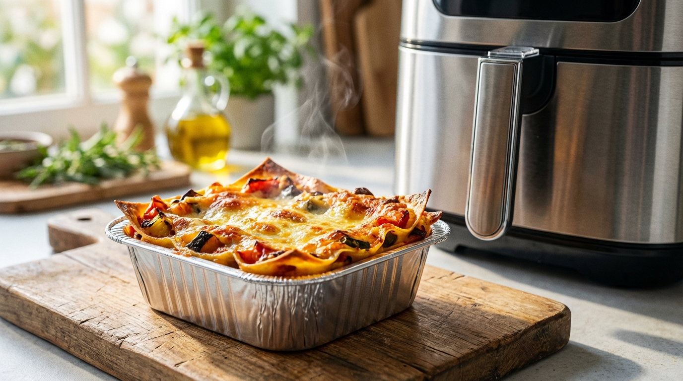 scopri come preparare delle lasagne di verdure perfette nella friggitrice ad aria: cremose all'interno, dorate in superficie e senza bisogno del forno. ricetta semplice e veloce!