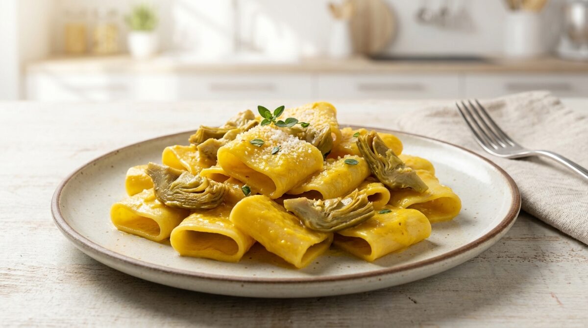 deliziosi paccheri cremosi con carciofi freschi e zafferano aromatico, facili e veloci da preparare per un piatto ricco di sapore.