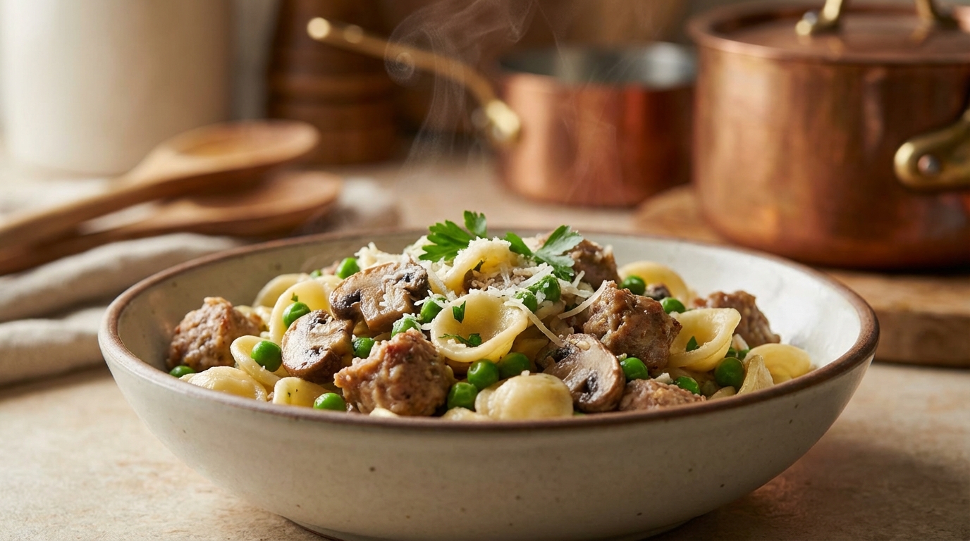 scopri la ricetta veloce per pasta con salsiccia, piselli e funghi, un sugo saporito e facile da preparare in soli 20 minuti, perfetto per un pasto gustoso e veloce.