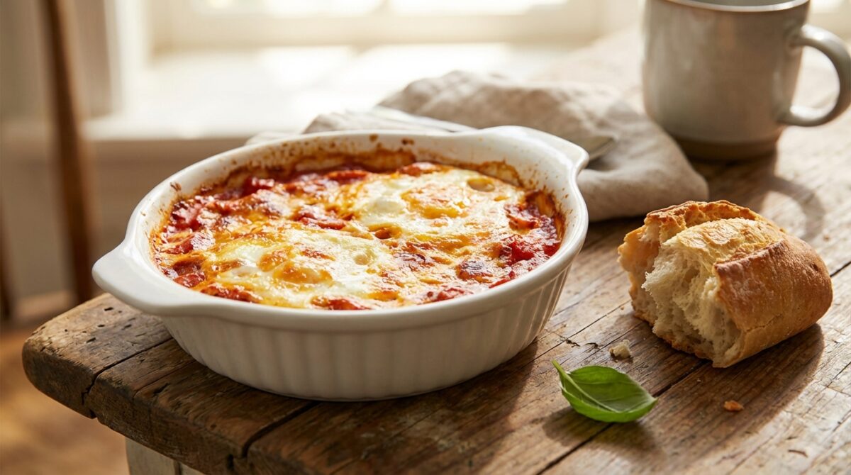 scopri la ricetta facile e veloce delle uova gratinate al sugo di pomodoro, il pasto semplice perfetto per la cena serale.