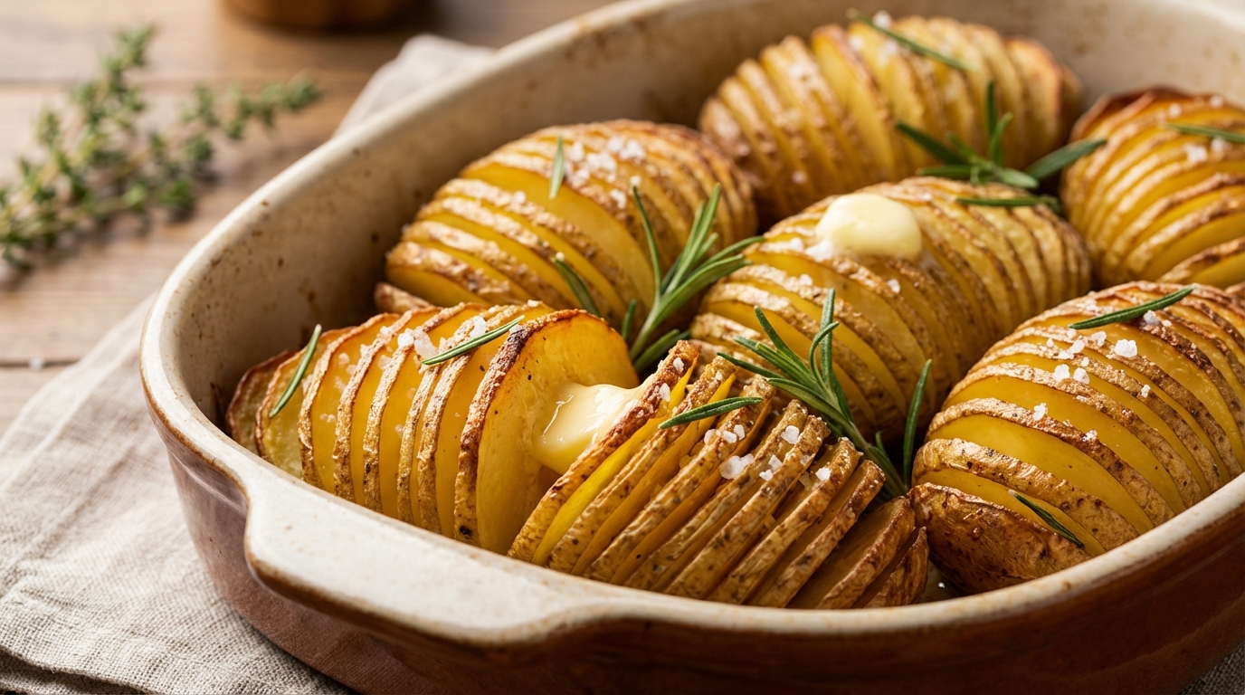scopri la ricetta delle patate sfogliate al forno, croccanti fuori e morbide dentro, aromatizzate con il profumo inconfondibile del rosmarino.
