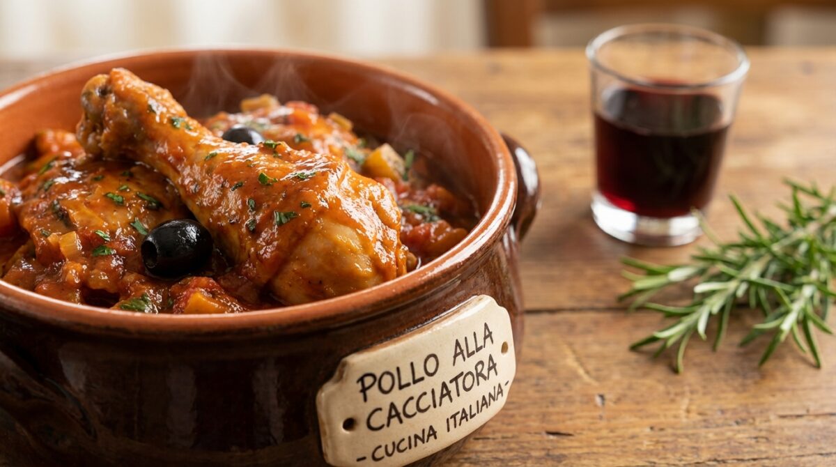 pollo alla cacciatora: il classico pollo italiano della domenica, lentamente cotto con pomodori e olive per un sapore autentico e ricco.