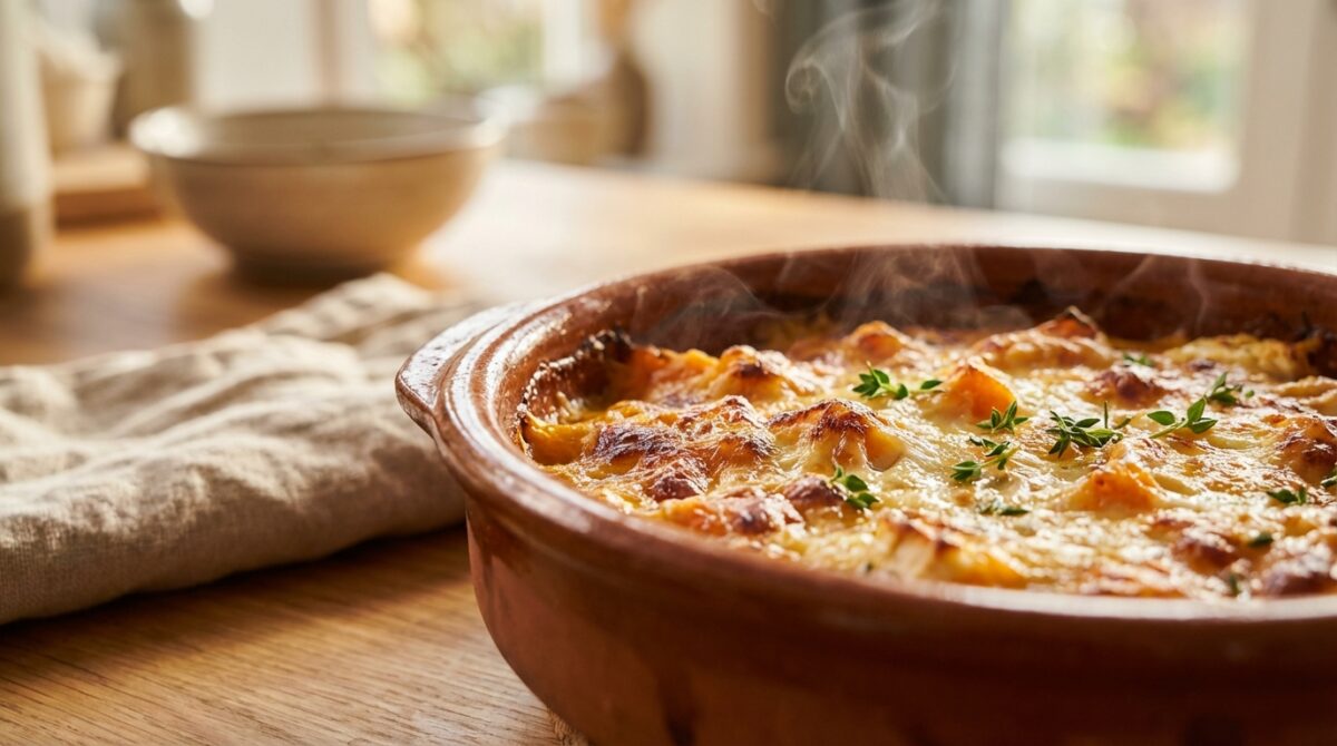 scopri il gratin di zucca e formaggio di capra fresco, un comfort food che riempie la casa di profumo e riscalda i cuori come un caldo fuoco di legna.