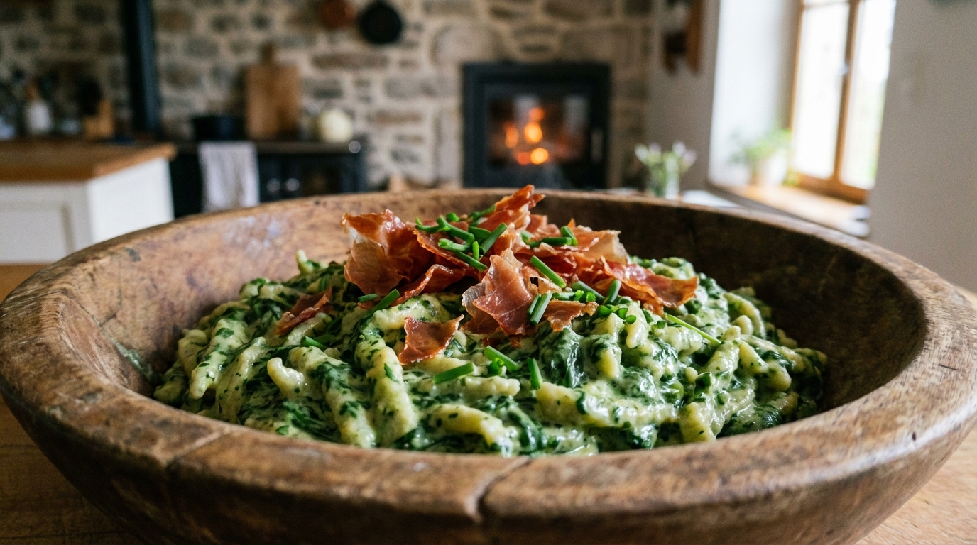 deliziosi spätzle agli spinaci cremosi con burro, prosciutto e panna, preparati in un sugo veloce e ricco di sapore. perfetti per un pasto semplice e gustoso.