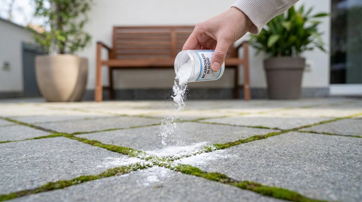 scoprite come questa polvere da cucina economica può sostituire l'acqua bollente per pulire la vostra terrazza invasa dal muschio, evitando crepe alle lastre e mantenendo la superficie perfetta.