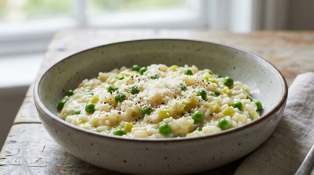 un risotto dolce e cremoso con porri, piselli e parmigiano, pronto in soli 25 minuti senza vino. la cena perfetta per una coccola gustosa e veloce.