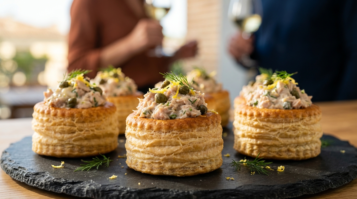 delizioso vol-au-vent con salsa al tonno, ripieno cremoso senza cottura, pronto in pochi minuti per un antipasto gustoso e veloce.
